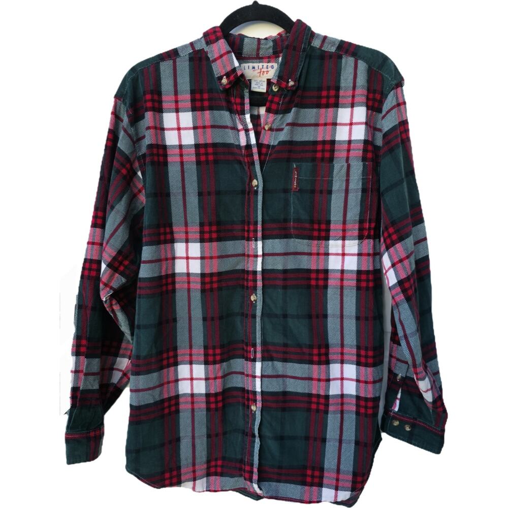 Limited Too Vintage Flannel Shirt Size 16 Button Up Plaid Green Red White
